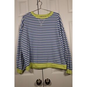 UEU Blue White Striped Sweatshirt Neon yellow Trim Crew Neck Pullover XL